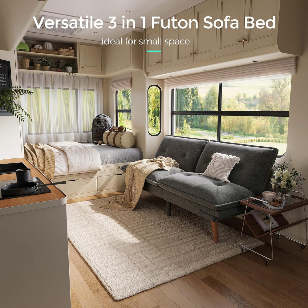 Futon Sofa Bed, 70 Inch Chenille Convertible Sleeper Loveseat, Ash Grey