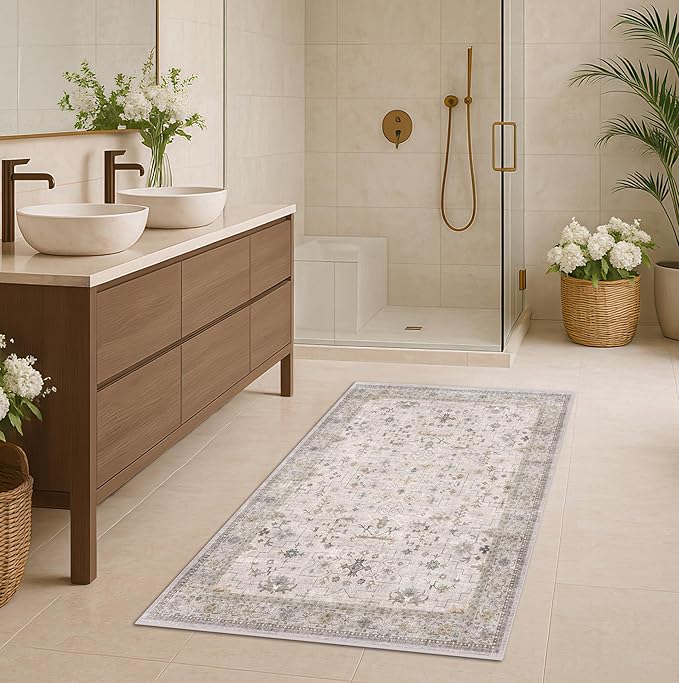 Light Grey 3x6 Large Boho Bathroom Rug by HazoHaus