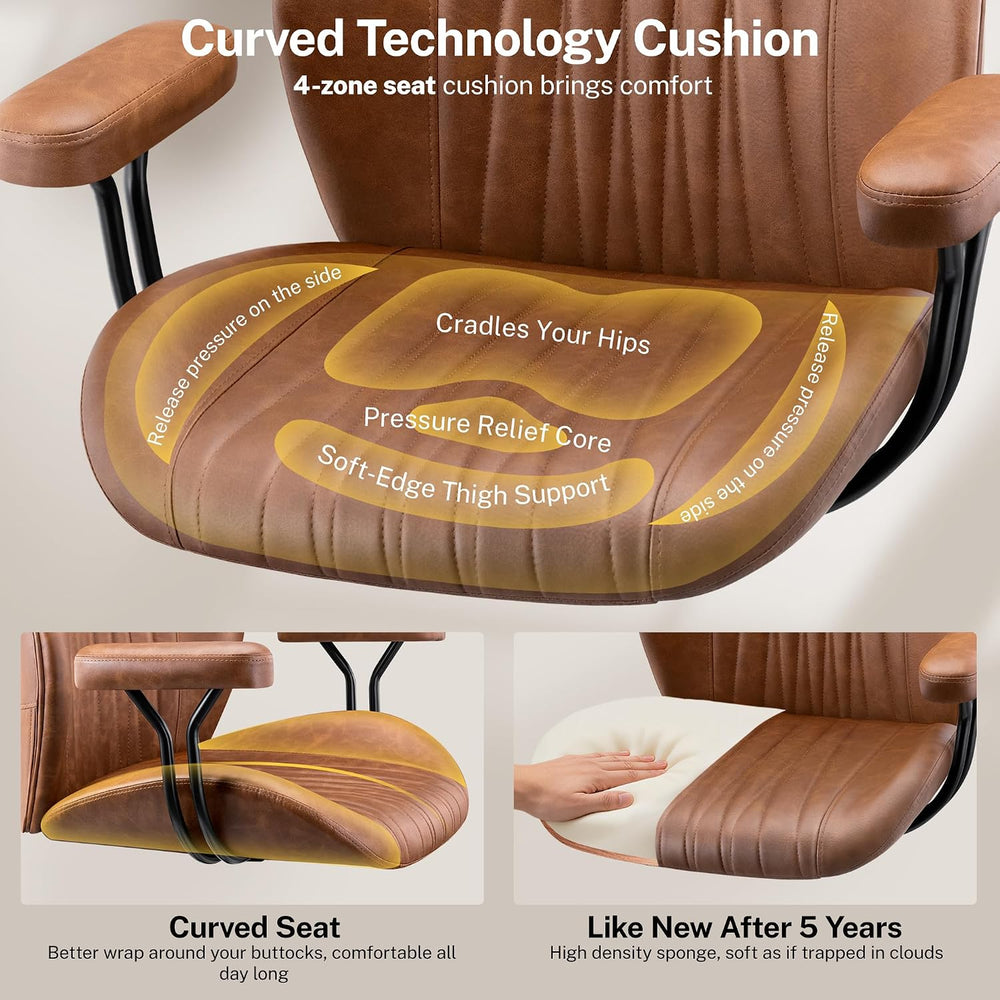 Leather Office Chair with Removable Armrests, Mid Back Ergonomic Desk Chair w...