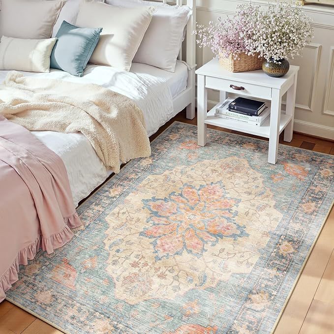 RELEANY Area Rugs 3'x5' Washable Non-Slip, Floral Vintage Distress Print by RELEANY