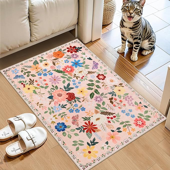 Entryway Rug 2X3 Small Rugs: Floral Washable Door Mat Vintage Soft Low Pile - Image 2