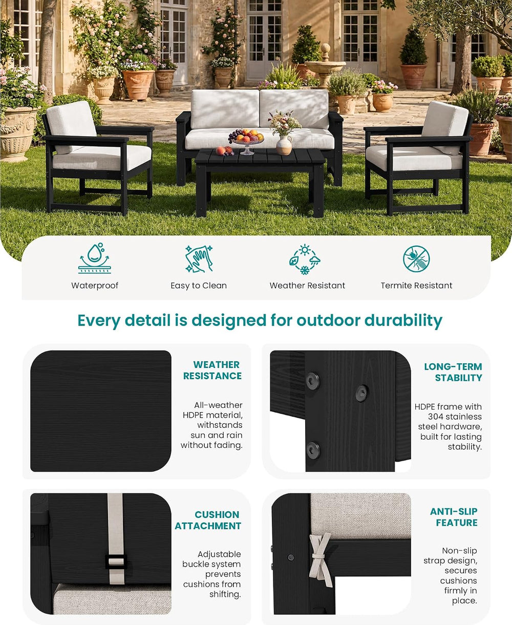 SERWALL HDPE Outdoor Loveseat with Cushion, Outdoor Sectional Furniture Set