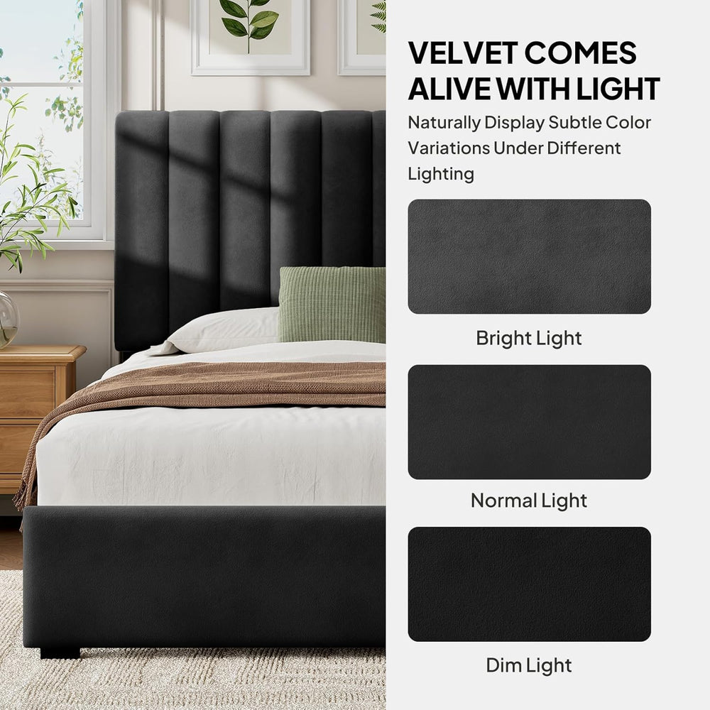 Welzona Full Size Velvet Upholstered Bed Frame with Tufted Headboard, Black