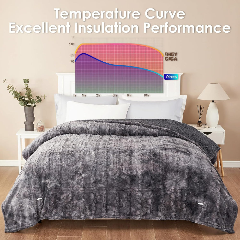 EHEYCIGA Electric Heated Queen Blanket, 9 Heat & 10H Auto-Off, Grey