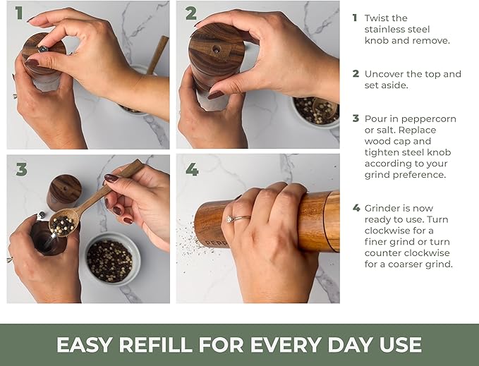 Saffron & Sage Premium Acacia Wood Salt and Pepper Grinder Set of 2-8” Tall - Image 8