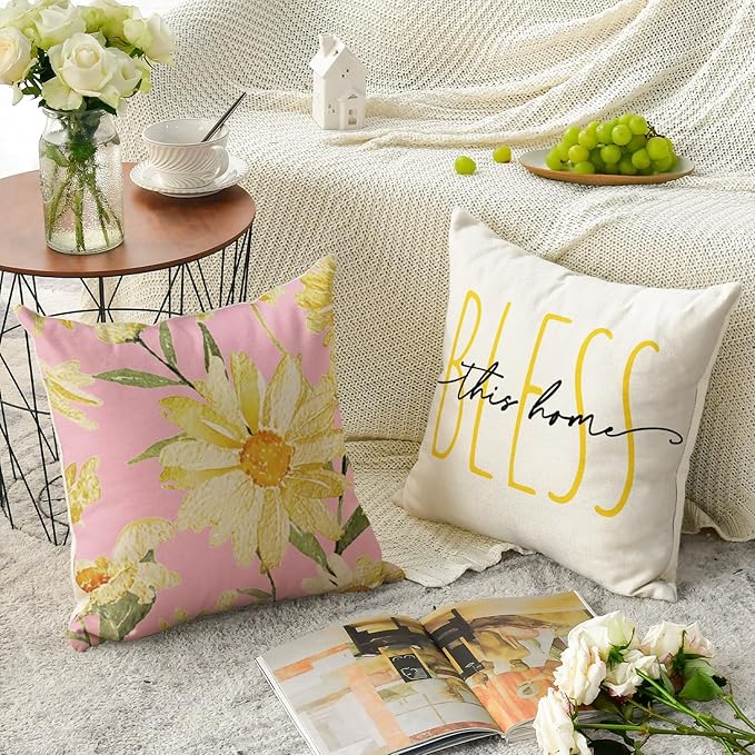 AVOIN colorlife Home Sweet Home Spring Summer Flowers Pink Throw Pillow Covers - Image 4