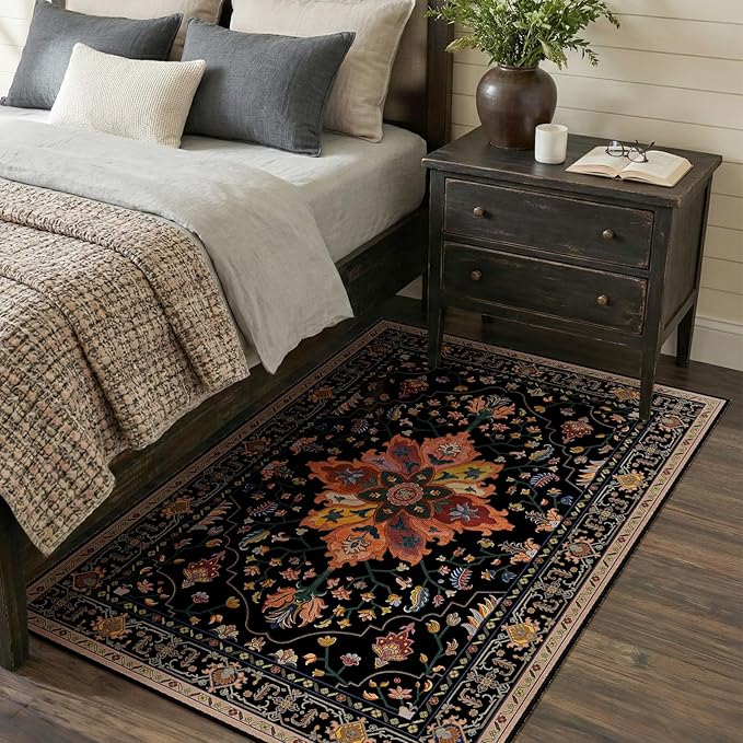 Area Rugs 3'x5' Washable Non-Slip, Floral Vintage Distress Print Pattern by RELEANY