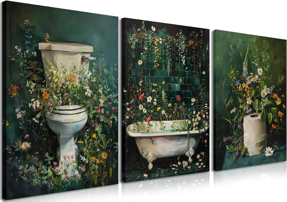 Framed Vintage Floral Bathroom Wall Art Set of 3, Dark Green Moody Flower Can...