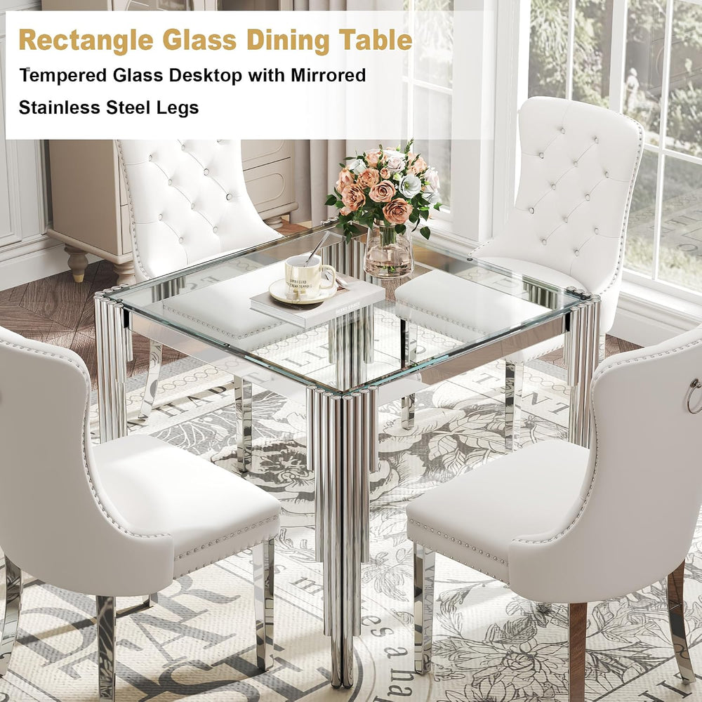 Modern Square Glass Dining Table for 4 People, Compact 37" Clear Tempere...