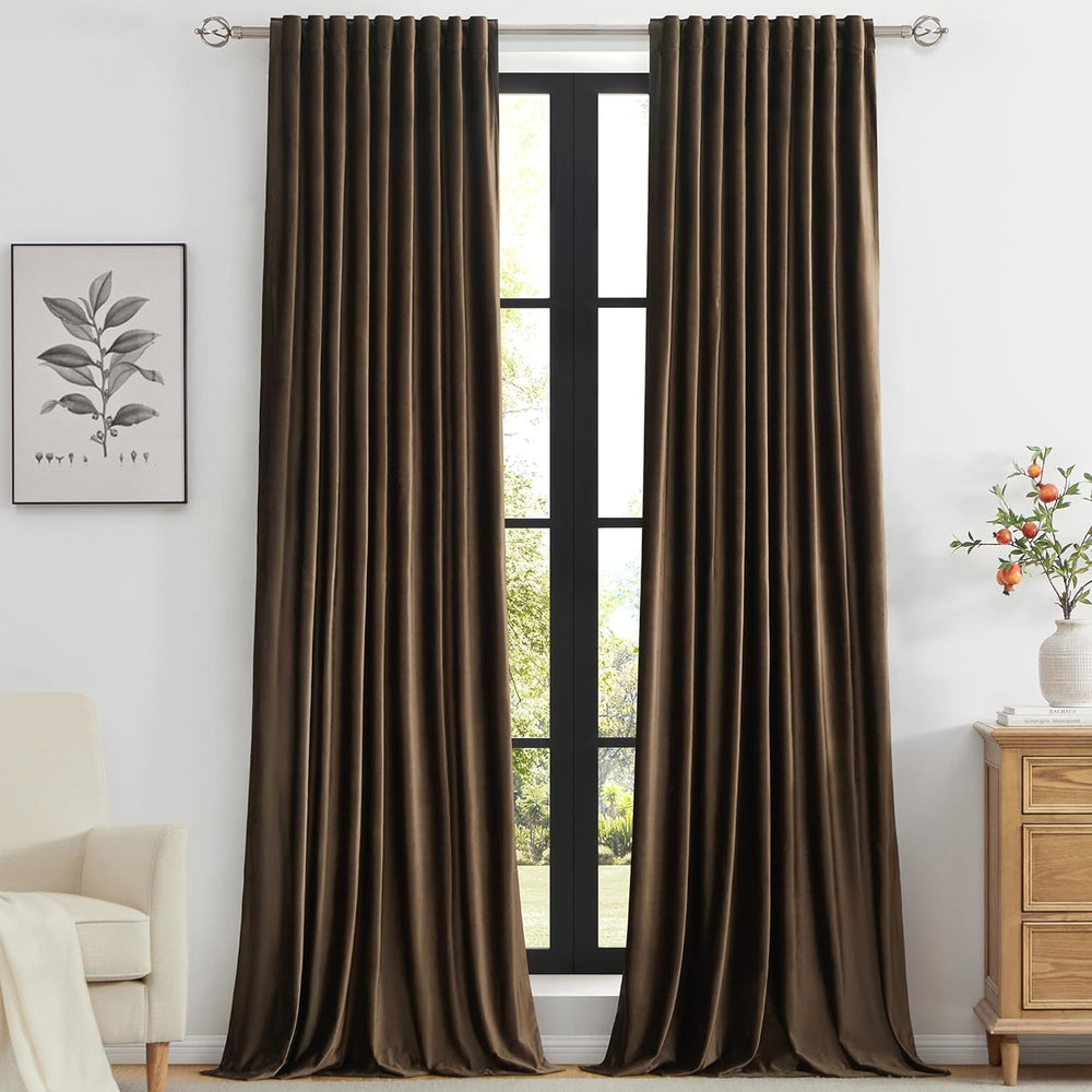 PRIMROSE Brown Velvet Curtains 96 inch Long for Living Room,Set of 2 Panels B...