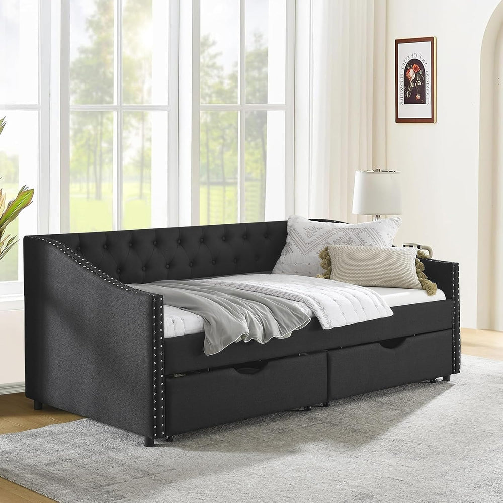 Daybed with Drawers, Modern Linen Upholstered Twin Size Day Bed Button-Tufted...