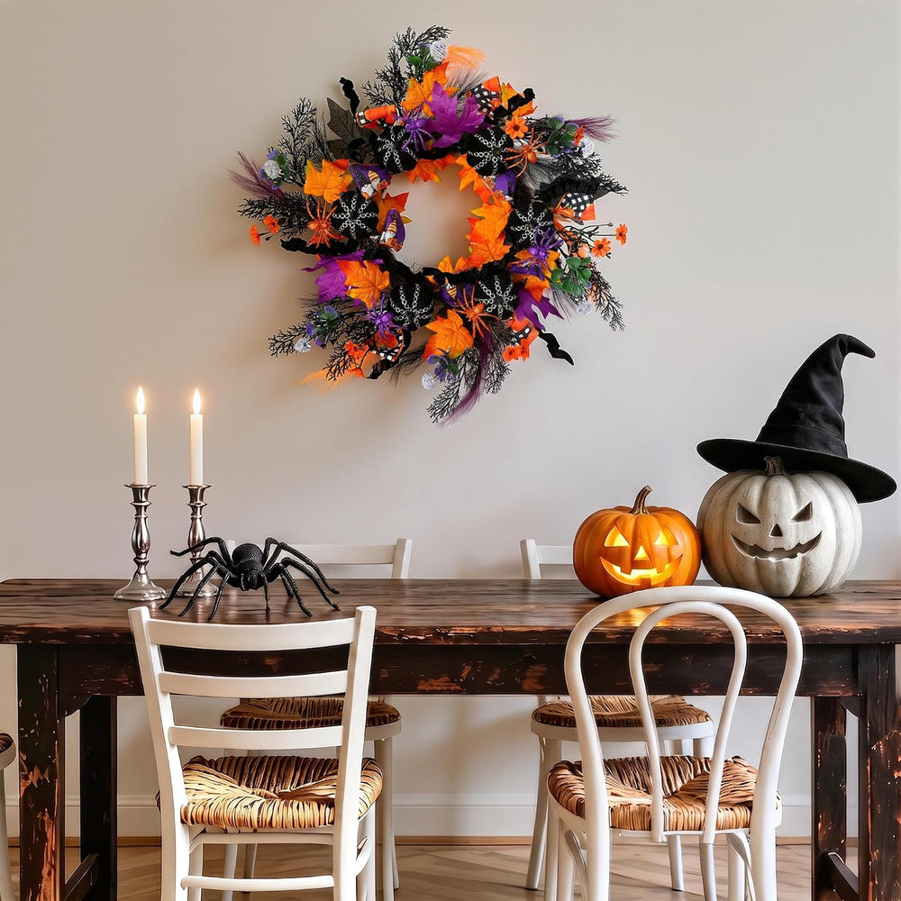 KBREE 22" Halloween Wreath for Front Door, Full Gothic Spooky Autumn Wre...