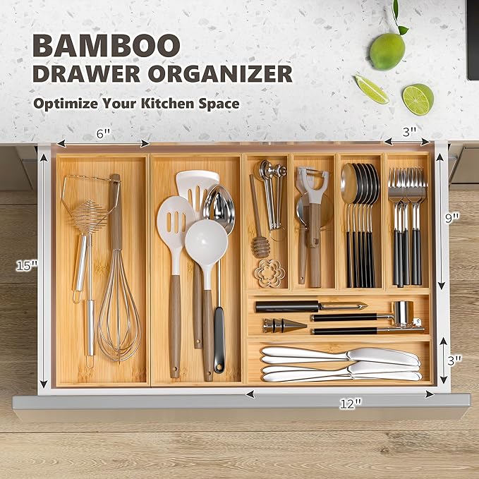 Kitchen Drawer Organizer Bins, Stackable Bamboo Deep Drawer Organizer - Image 3