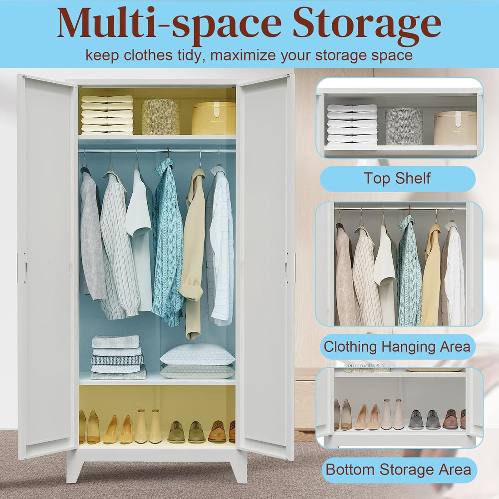 75"Tall Metal Armoire Wardrobe Closet with Hanging Rod & 2 Shelves