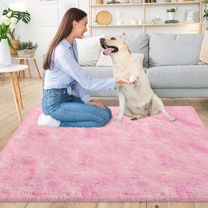 Small Area Rug for Bedroom 3x5ft Mini Tie-Dye Pink Fluffy Rug Mat Bedside Throw - Image 2
