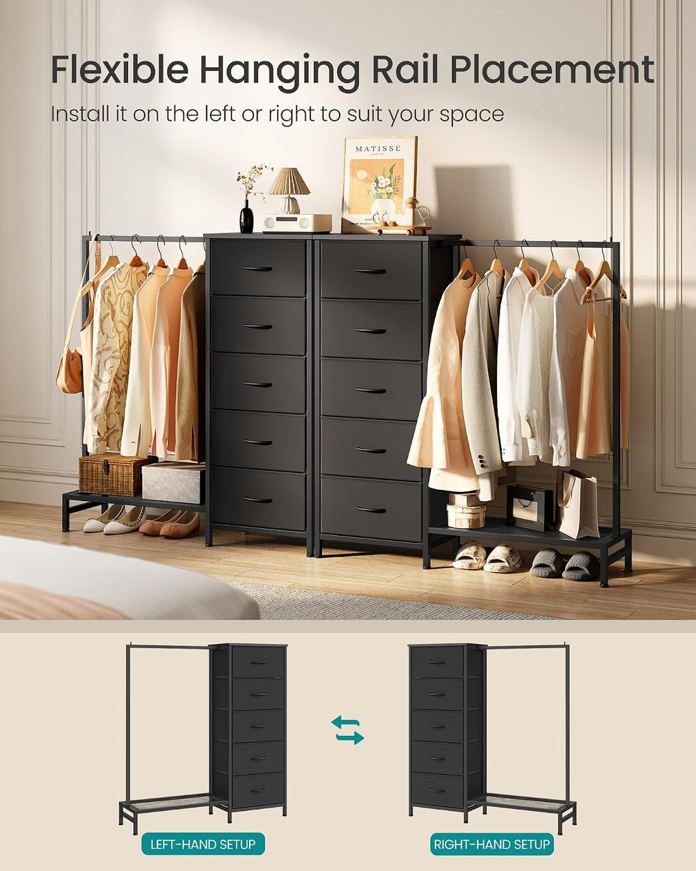SONGMICS Dresser with Hanging Rod, 5 Fabric Drawers, Bottom Shelf
