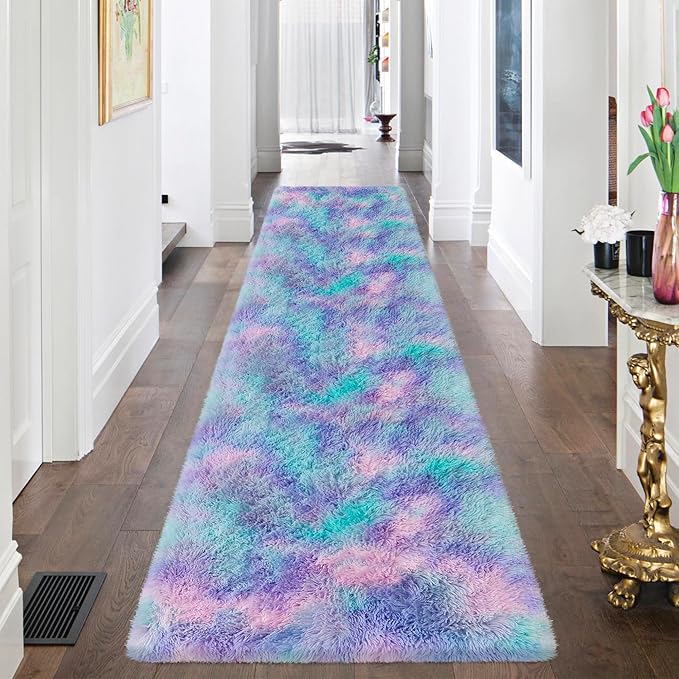 Super Soft Fluffy Living Room Area Rug 2x8 ft Purple Rainbow Tie-Dyed Shaggy - Image 2