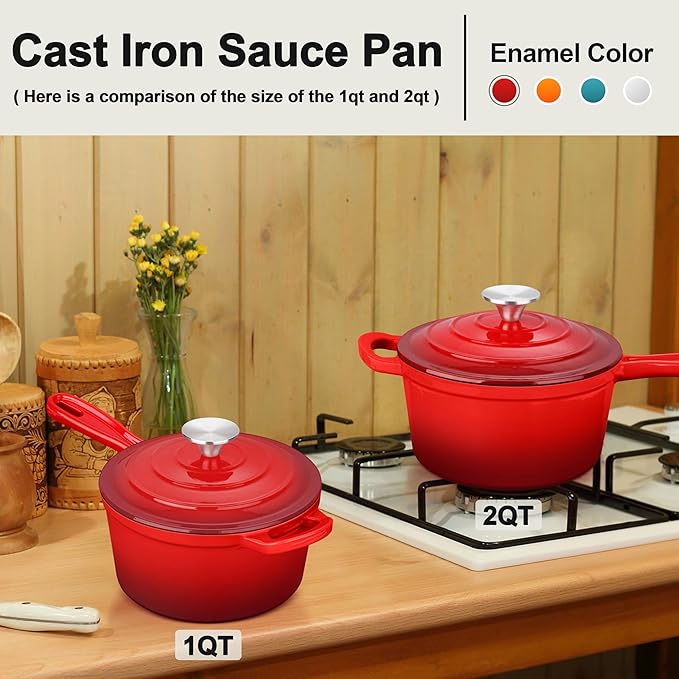 Enameled Cast Iron Sauce Pan, Leonyo 1 Qt & 2 Qt Saucepan Set, Cast Iron Dutch - Image 6