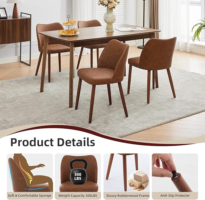 Dining Chair Set of 6, Leather Upholstered Dining Chair with Wood Legs, Wing ...