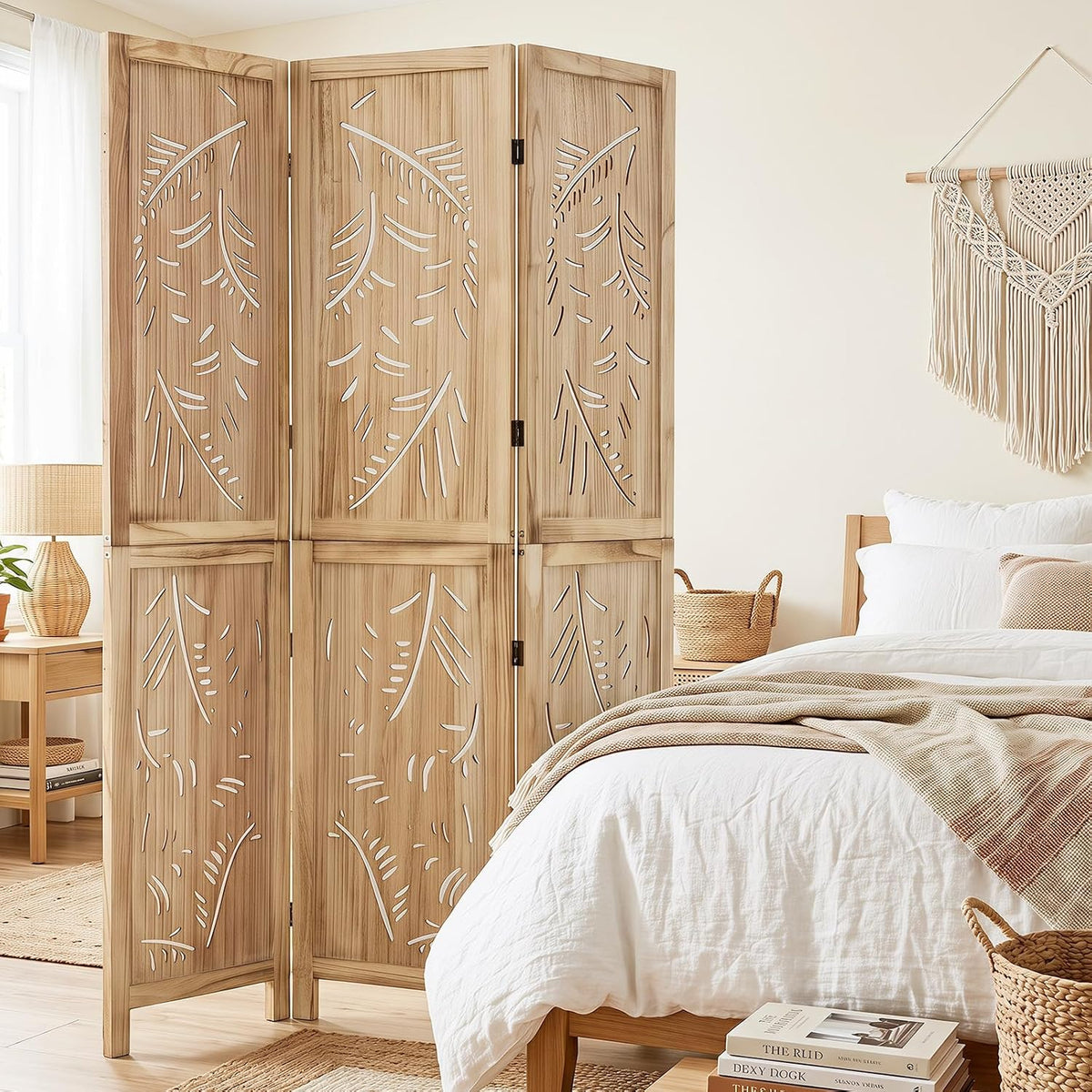 giantex 3 panel boho room divider with carved shown in use