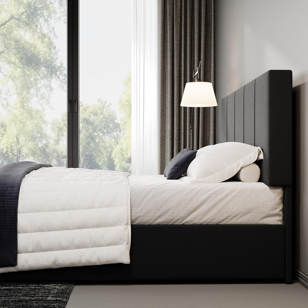 Allewie Full Size Dutch Velvet Upholstered Platform Bed Frame, Black