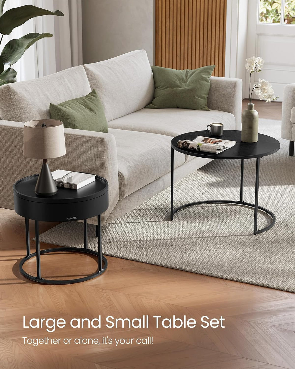 VASAGLE Round Coffee Tables, Set of 2 Nesting Tables, Hidden Storage