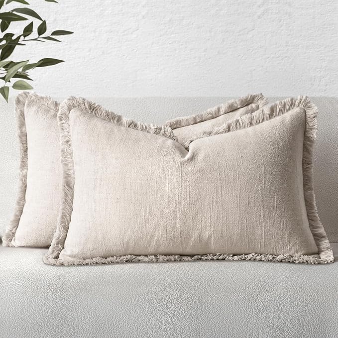 MIULEE Decorative Lumbar Throw Pillow Covers Neutral Linen Fringe Throw Pillows by MIULEE