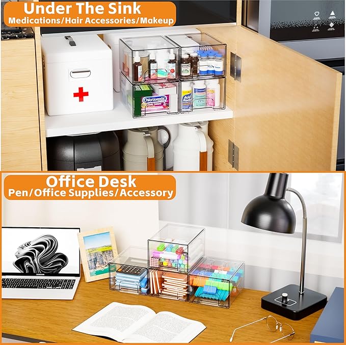 Yieach 4 Pack Clear Stackable Storage Drawers, 4.4'' Tall Acrylic Drawer - Image 7