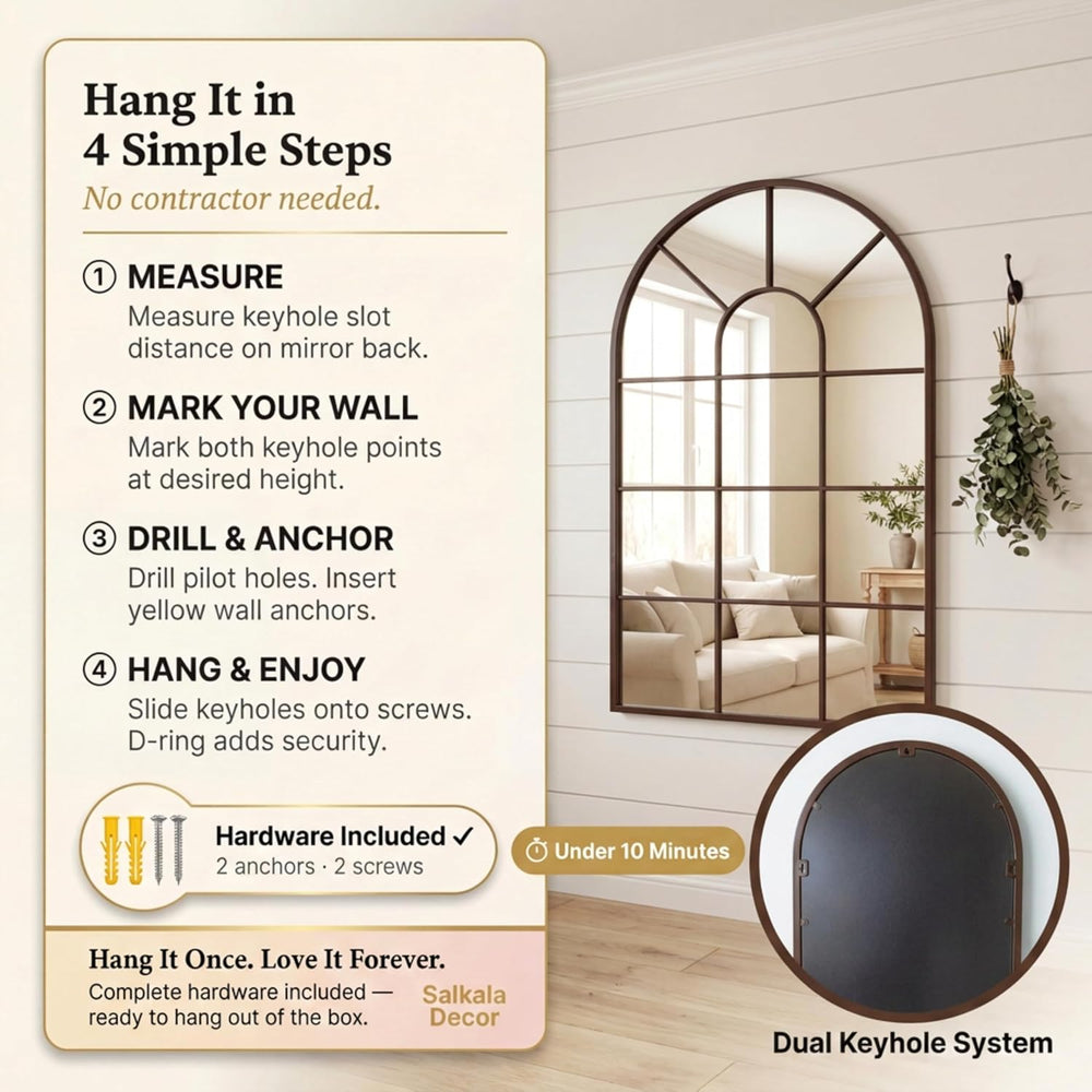 Brown Arched Windowpane Mirror 32x20 Inch, Bathroom Mirror Vanity Mirror for ...