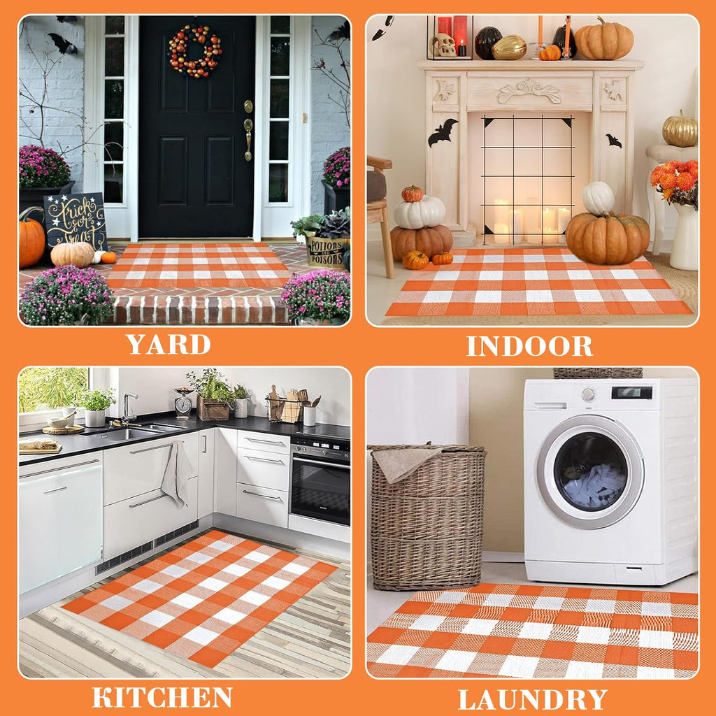 Buffalo Plaid Rug 28 x 43 Inches Fall Outdoor Front Door Decor Mat, Cotton Washable Hand-Woven Rug for Layered Doormat, Autumn Halloween Thanksgiving Carpet for Porch (Orange and White Plaid)