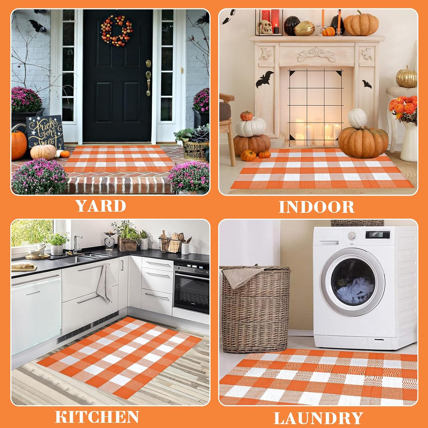 Buffalo Plaid Rug 28 x 43 Inches Fall Outdoor Front Door Decor Mat, Cotton Washable Hand-Woven Rug for Layered Doormat, Autumn Halloween Thanksgiving Carpet for Porch (Orange and White Plaid)