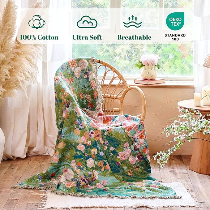 MSGKV Boho Throw Blanket for Couch Cotton Floral Blanket 50"x60" for Sofa Chair - Image 2