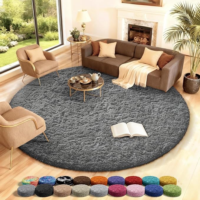 Ophanie Round Rug 8Ft Grey Circle Area Rugs, Large Fluffy Fuzzy Living Room by Ophanie