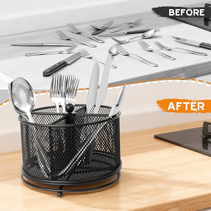 360° Rotating Metal Utensil Caddy, 4 Compartment Silverware Cutlery Holder - Image 3