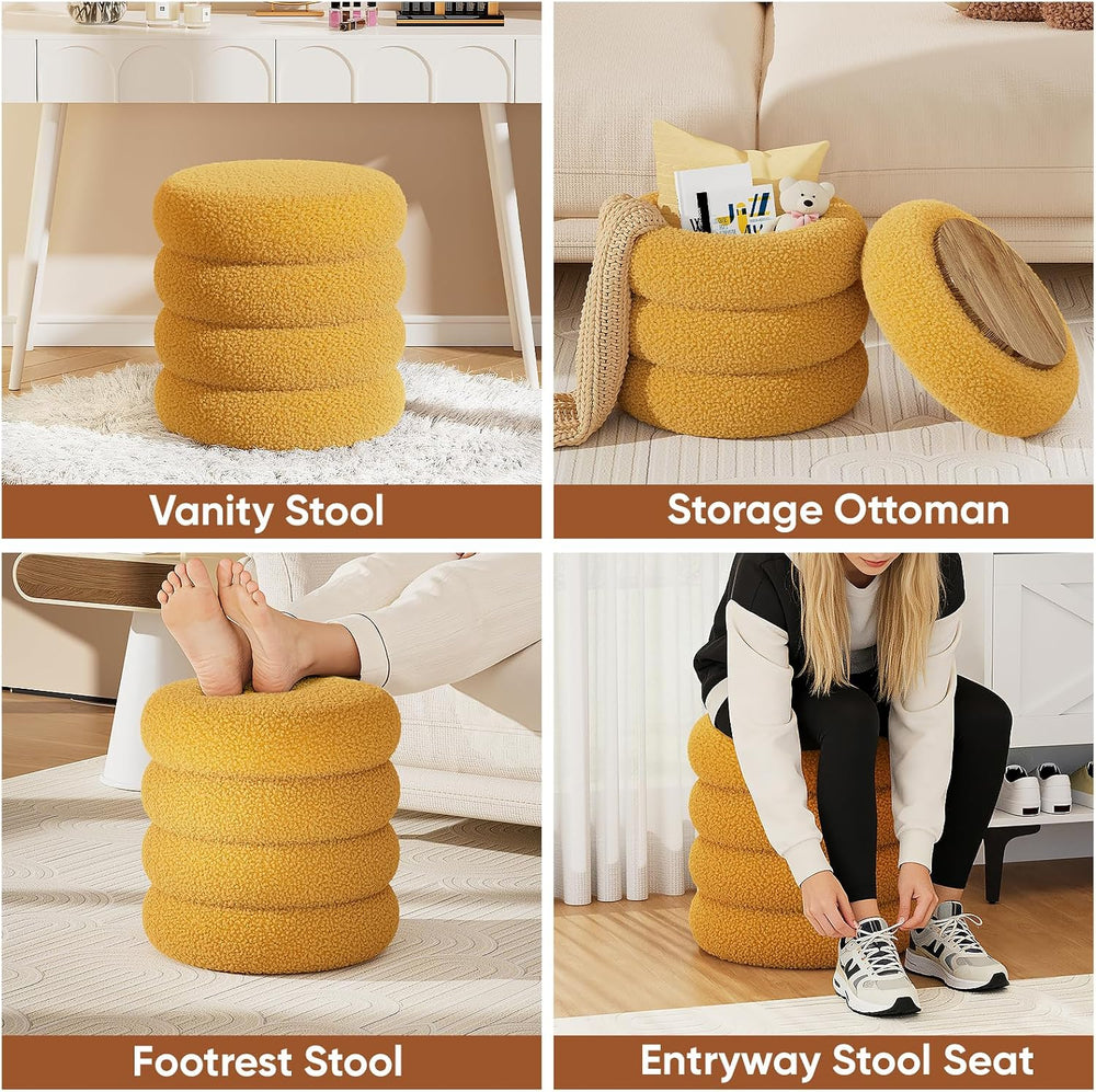 Soft Teddy Round Ottoman with Tray, 17.5 Inches Ottoman Coffee Table with Sto...