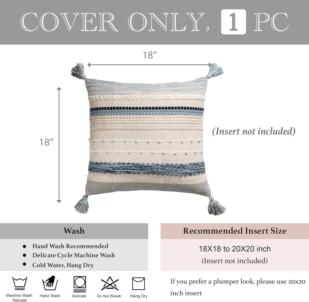 BlissBlush Coastal Blue Boho Decorative Throw Pillow Cover 18x18 Modern Bohem...