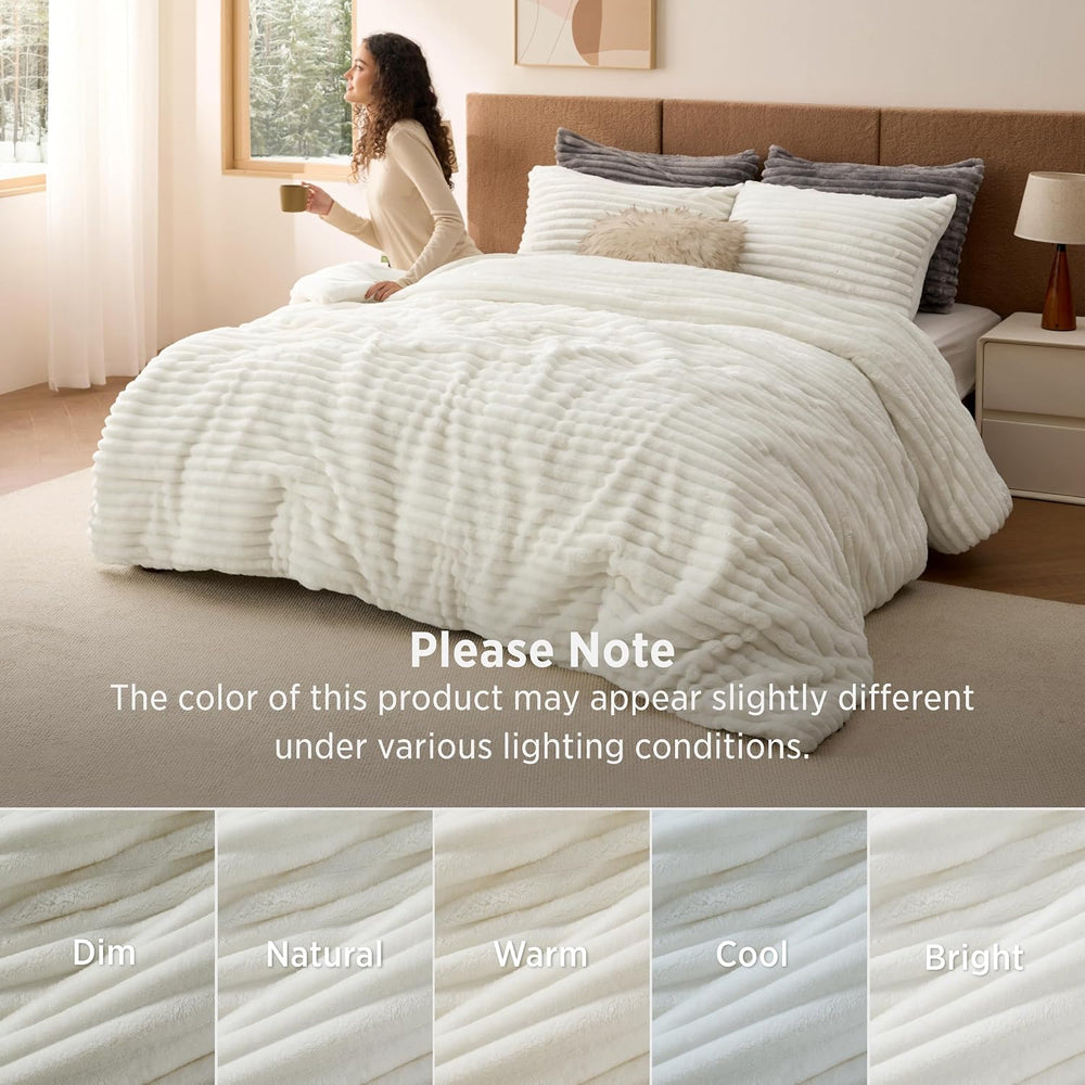 Bedsure Large Queen Comforter Set, Fluffy Bedding Set, Cream White, 3 Piece