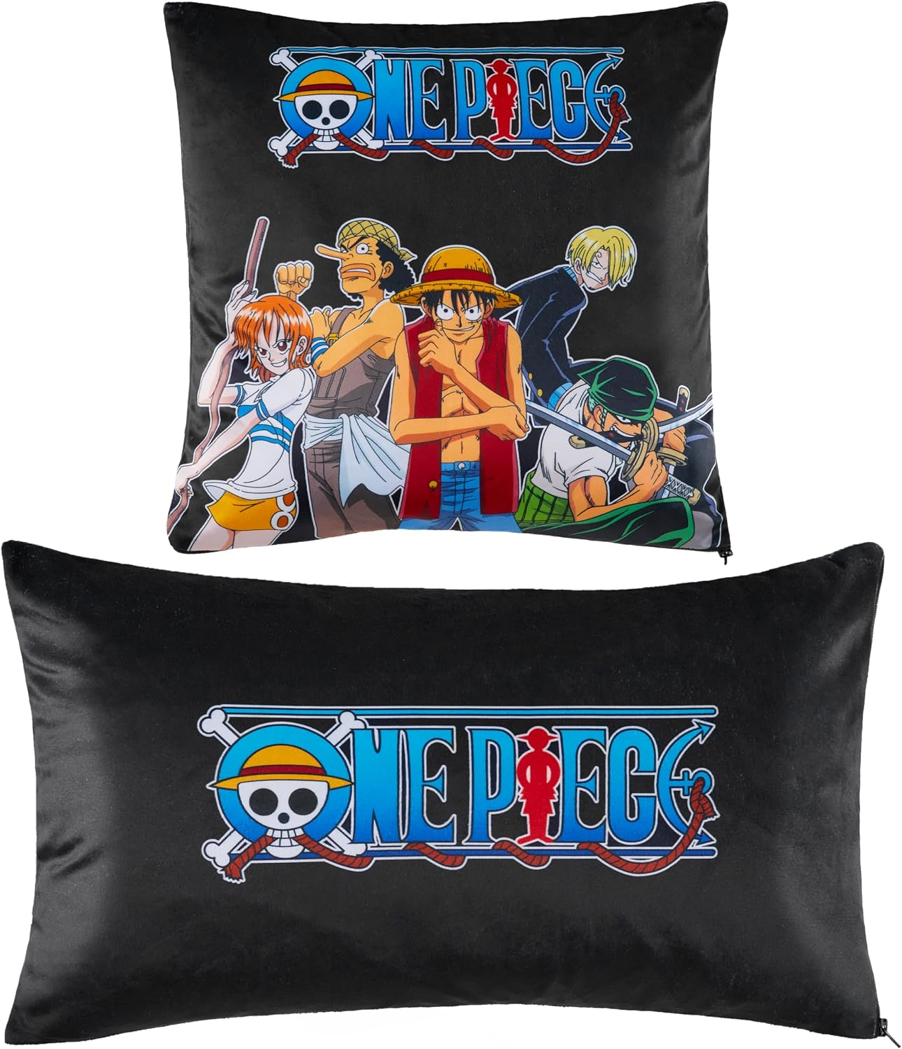 One Piece 2-Pc Cushion Cover Set, Pillow Covers for Bed, Couch, Rectangular 20x12 in, Square 14 x14 in, Luffy Straw Hat Anime Gifts for Boys