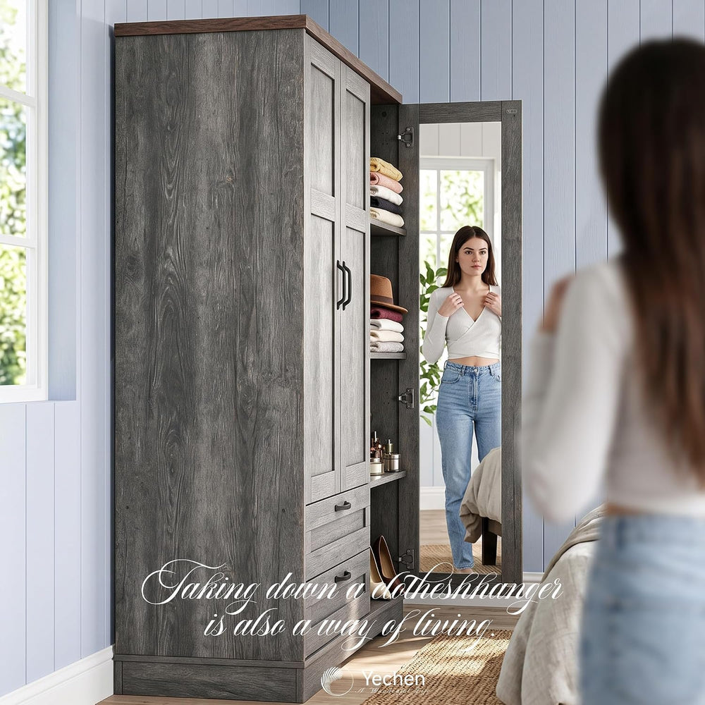Yechen 62" Wooden Armoire Wardrobe Closet with 3 Doors & 2 Drawers, ...