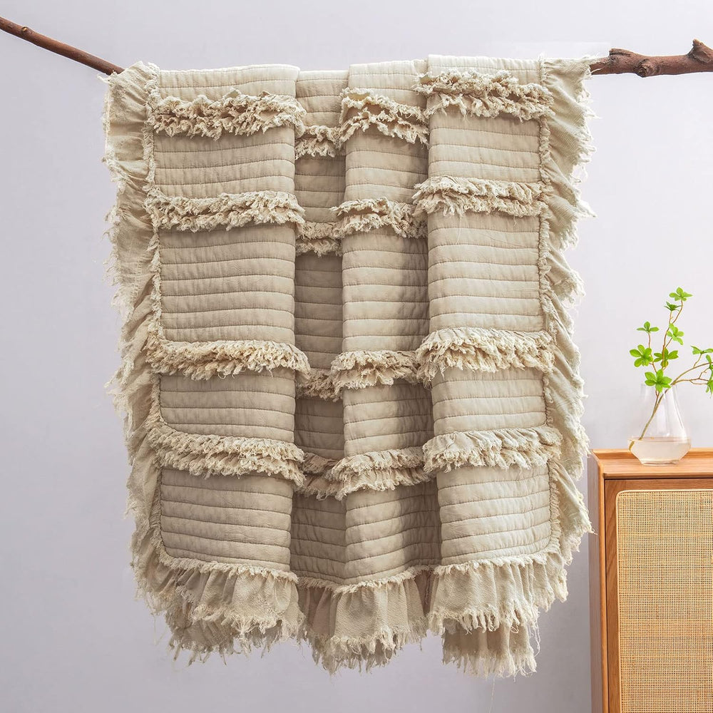Ultra Soft Pre-Washed Quilted Boho Queen Size Blankets for Bed, Ruffle Fringe...