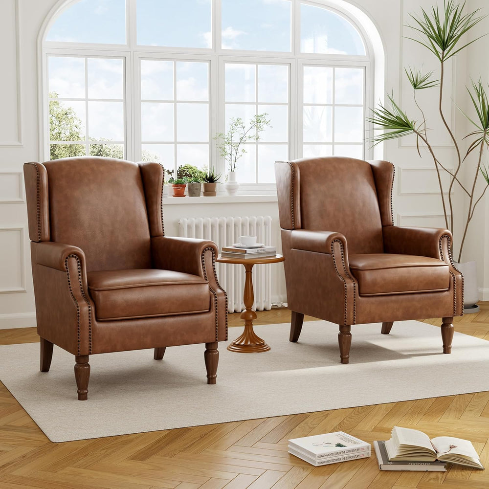 PU Leather High Back Accent Chair, Upholstered Armchair with Solid Wood Legs,...