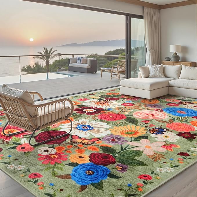 Green Area Rugs 10x14 Living Room, Non Slip Machine Washable Floral Rugs by WelcometoBabovid