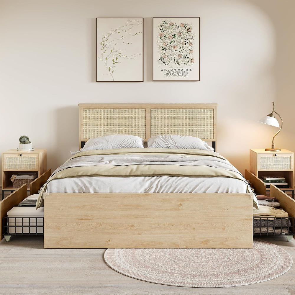 Natural Rattan Headboard Queen Bedframe with 4 Storage Drawers and Footboard,...