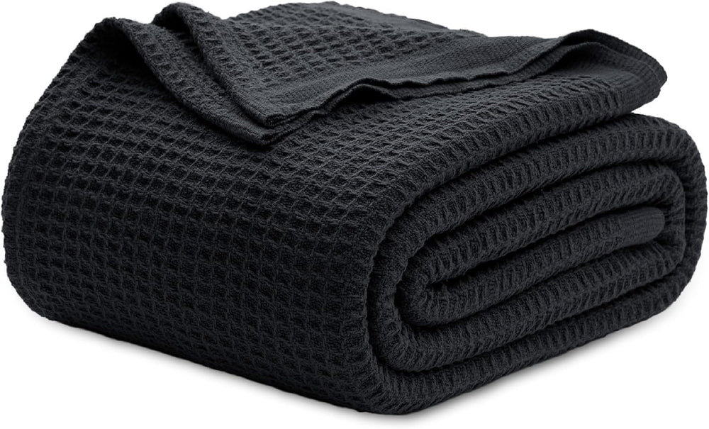 Bedsure 100% Cotton Blanket, Waffle Weave, Queen Size, Black, 90"x90"