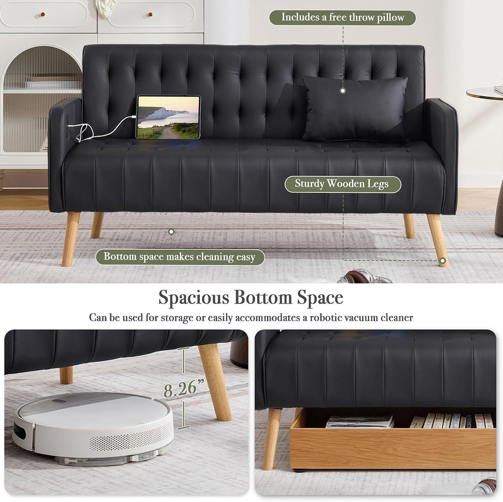 57” Faux Leather Loveseat Sofa, Small Tufted Couch (1, Black)