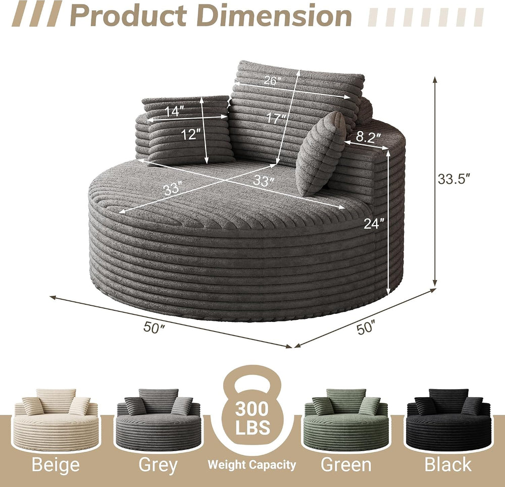 Oversized Round Chaise Lounge, 50" Corduroy Boneless Chair, Grey | Deep ...