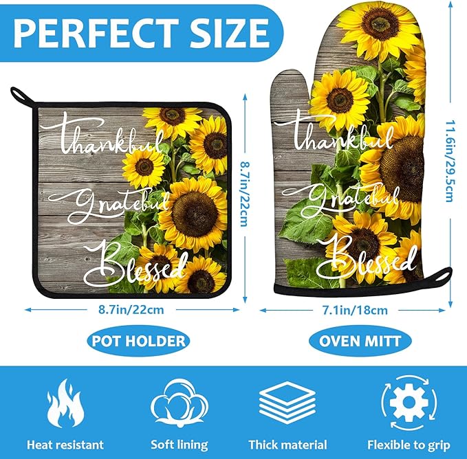 Sunflower Wood Grain Oven Mitts and Pot Holders Sets Heat Resistant 4Pcs - Image 2