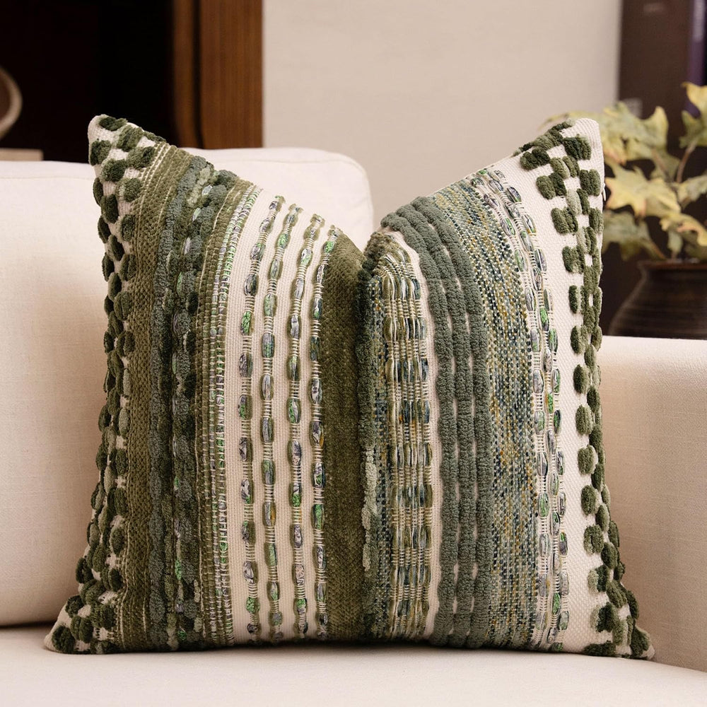 Boho Chenille Tufted Throw Pillow Covers 18x18 Inch Set of 2 Farmhouse Green ...