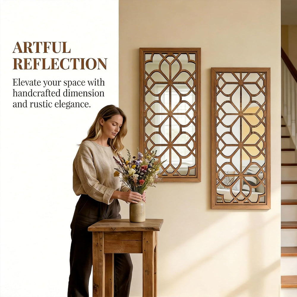 Set of 2 13x30 Inch Large Maroon Shatterproof Carved Floral Wood Frame Wall M...
