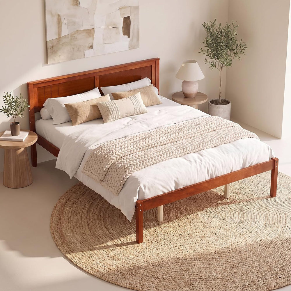KOMFOTT Full Size Wood Platform Bed Frame with Headboard, Solid Wood Bed Fram...